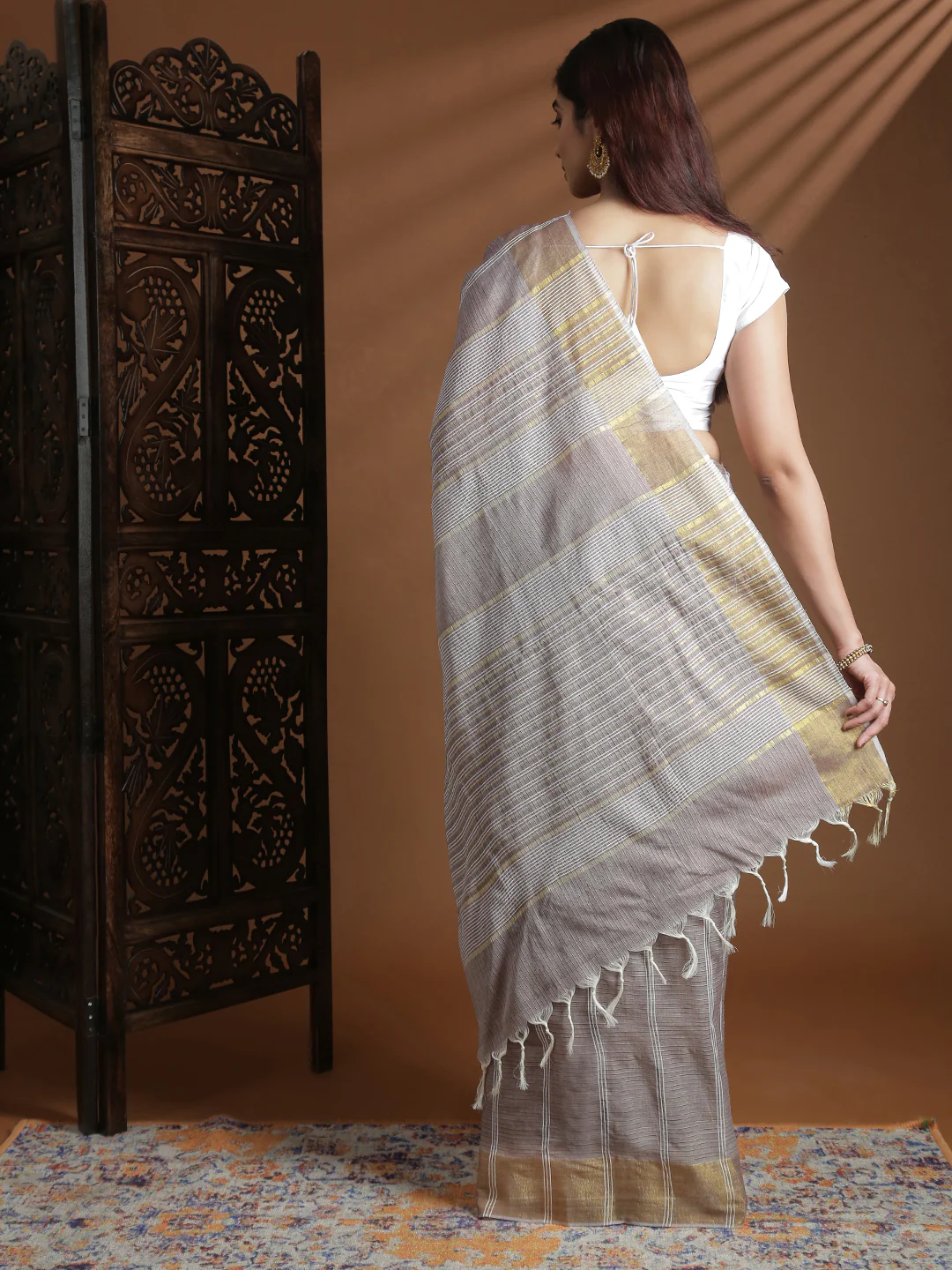 Women Light Brown Striped Cotton Jute Saree CJ12 - Image 3