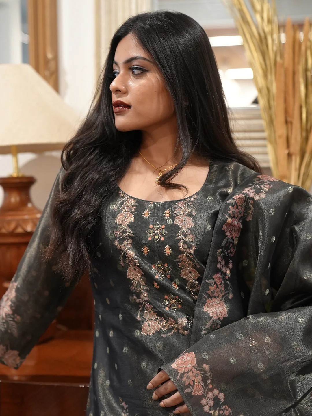 Women Dark Green MM Silk Printed Kurti Set EKS117 - Image 2
