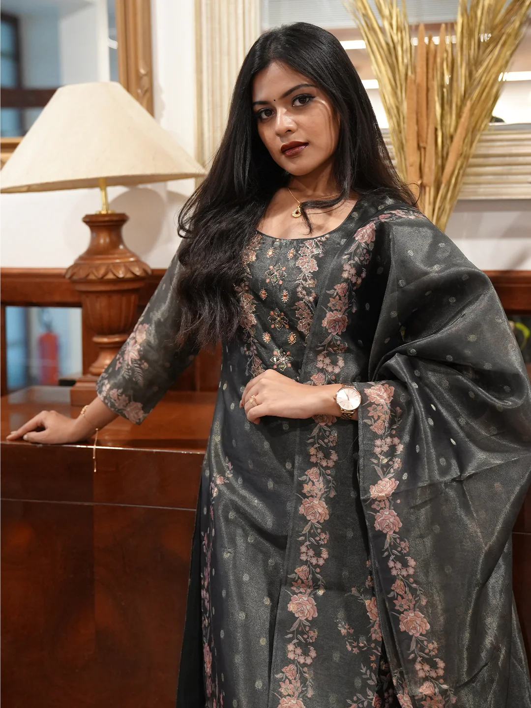 Women Dark Green MM Silk Printed Kurti Set EKS117 - Image 4