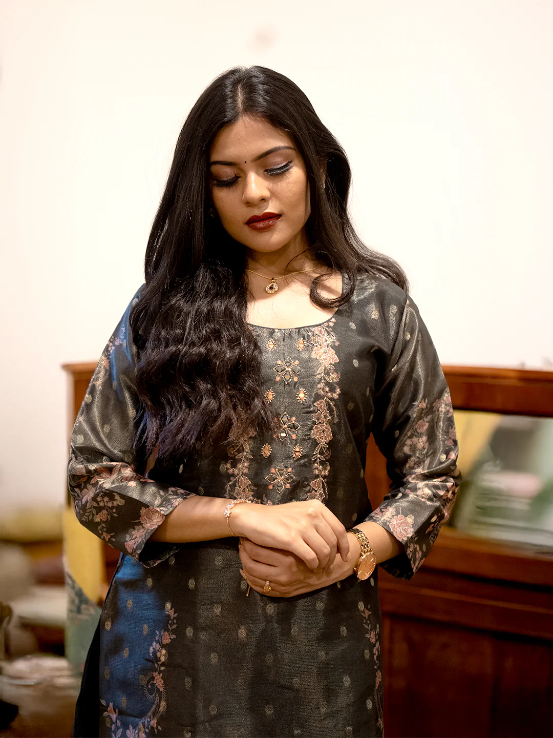 Women Dark Green MM Silk Printed Kurti Set EKS117 - Image 5