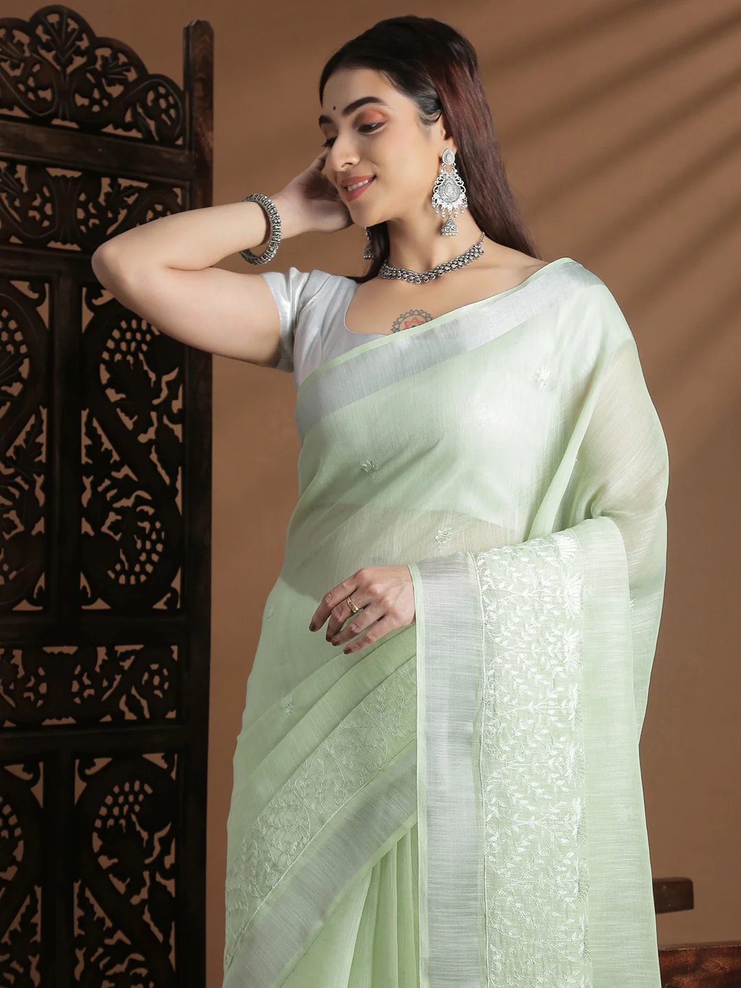 Women Light Green Semi Linen Embroidered Saree SL240 - Image 2