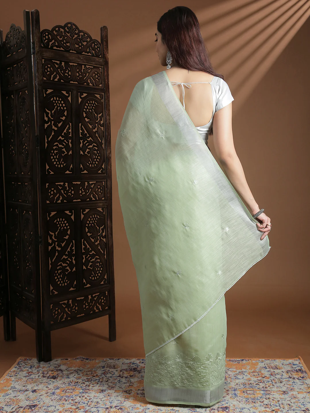 Women Light Green Semi Linen Embroidered Saree SL240 - Image 3