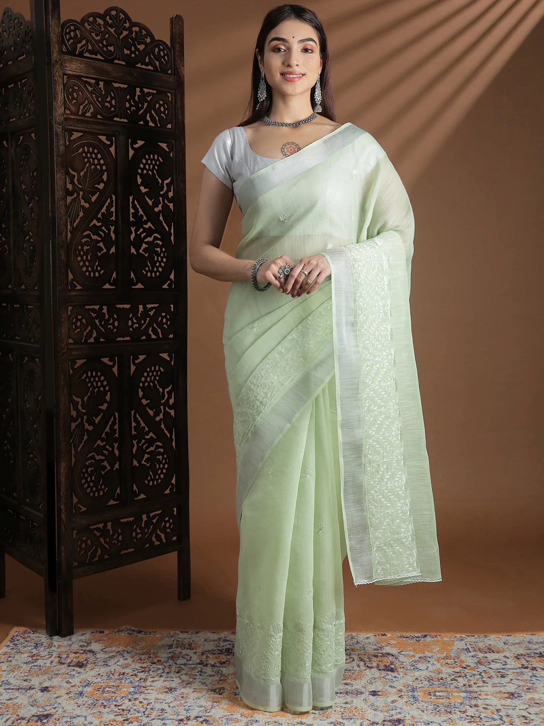 Women Light Green Semi Linen Embroidered Saree SL240 - Image 4