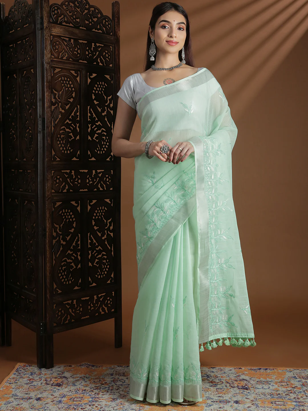 Women Light Green Semi Linen Embroidered Saree SL247 - Image 4