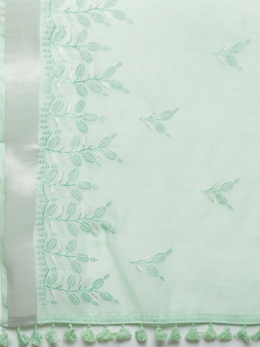 Women Light Green Semi Linen Embroidered Saree SL247 - Image 6