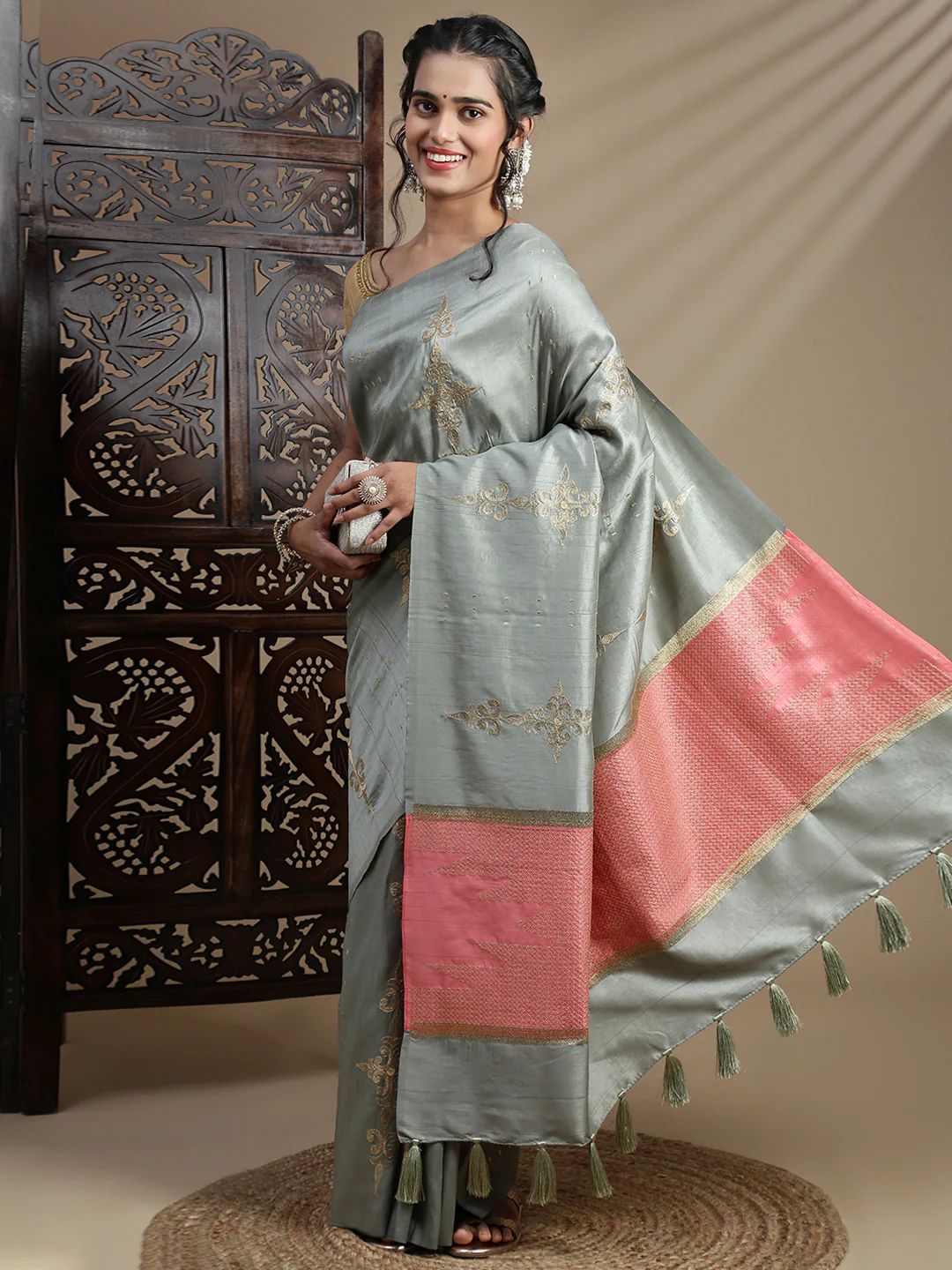 Women Sage Green Semi Tussar Embroidered Saree ST313 - Image 2
