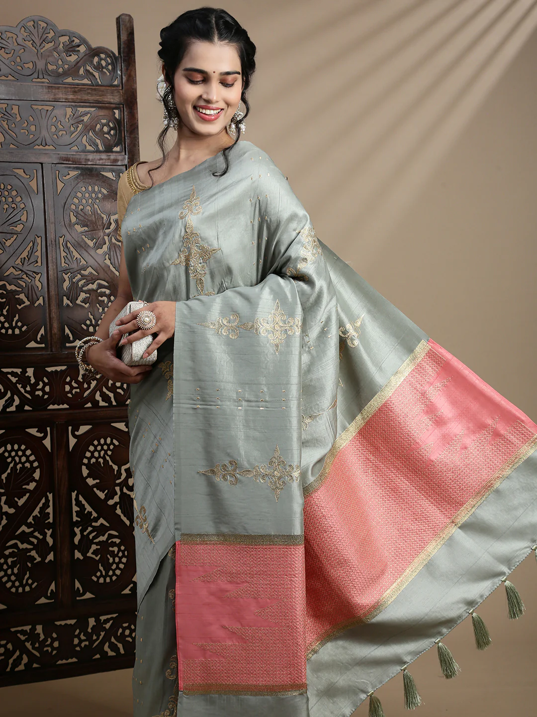 Women Sage Green Semi Tussar Embroidered Saree ST313 - Image 3