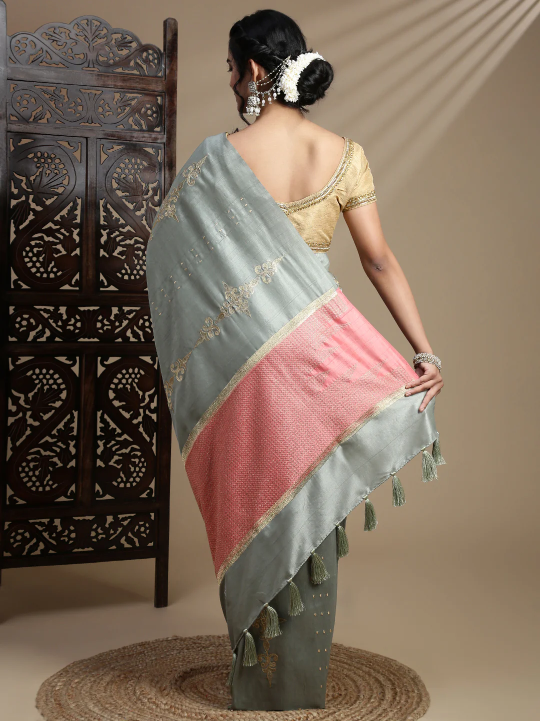 Women Sage Green Semi Tussar Embroidered Saree ST313 - Image 4