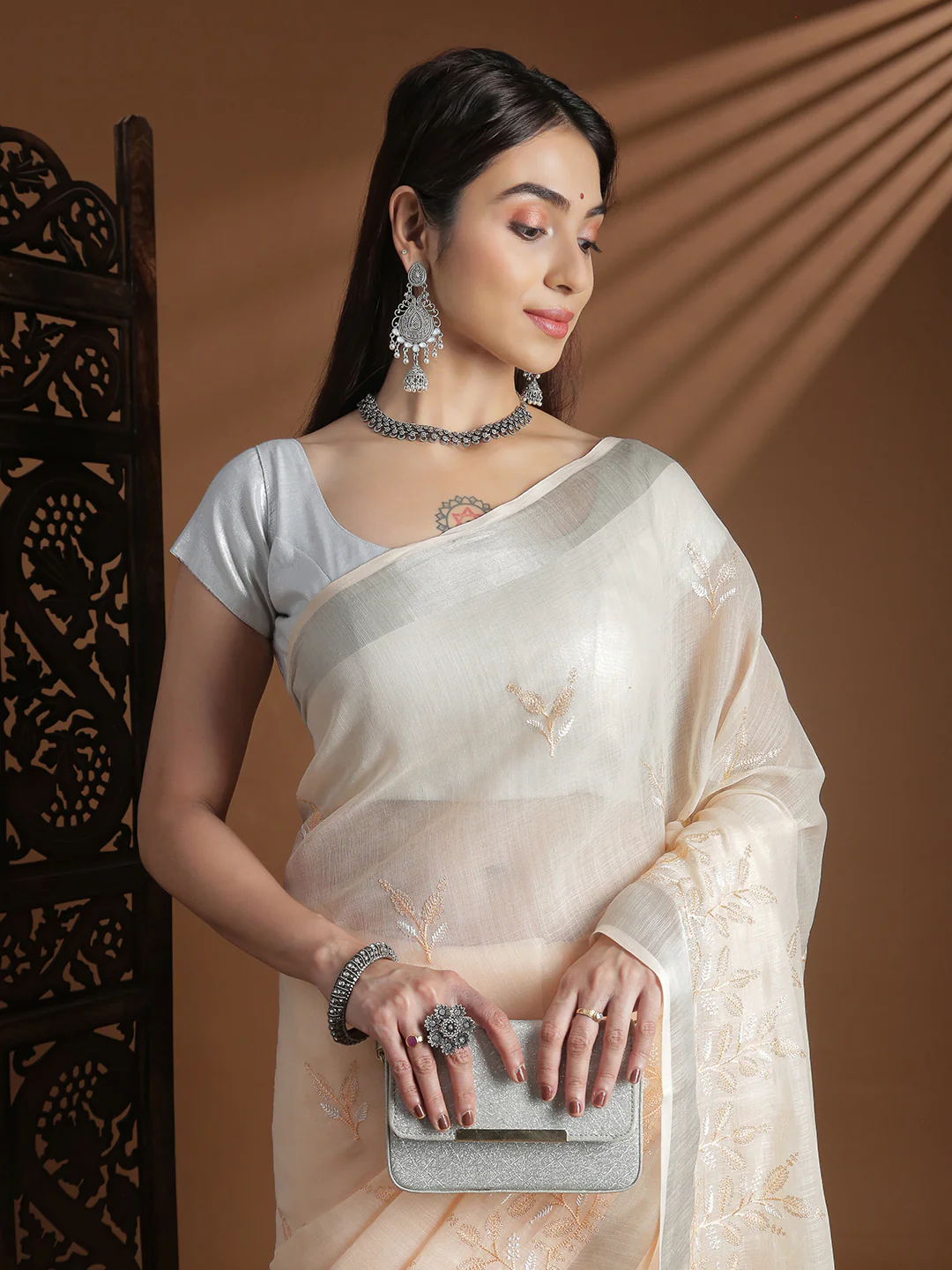 Women Light Orange Semi Linen Embroidered Saree SL243 - Image 2