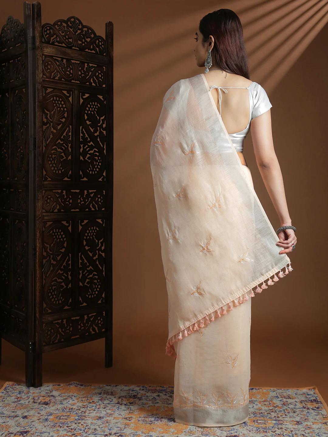 Women Light Orange Semi Linen Embroidered Saree SL243 - Image 3
