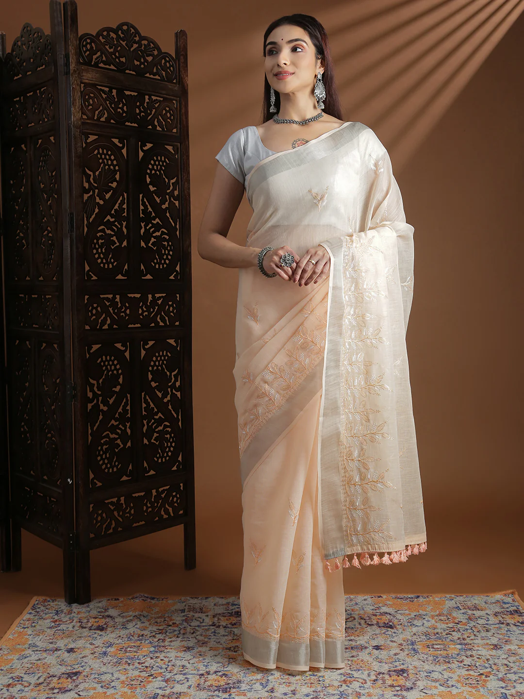 Women Light Orange Semi Linen Embroidered Saree SL243 - Image 4