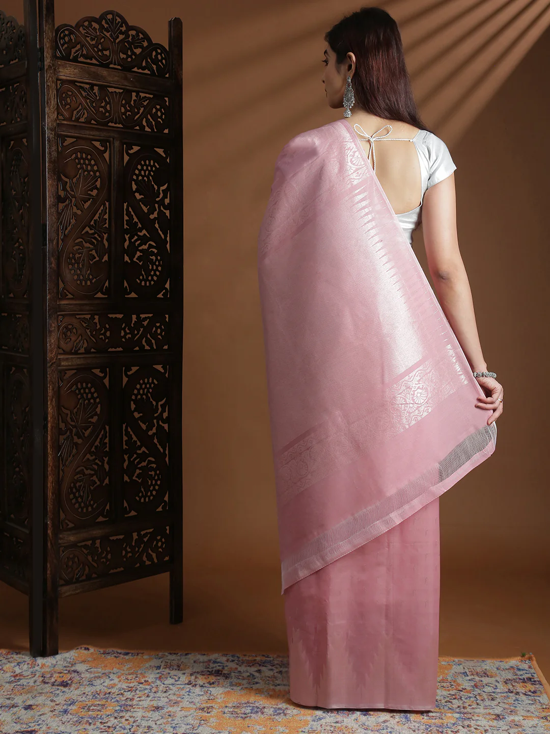 Women Light Pink Semi Kora Cotton Saree SK134 - Image 3
