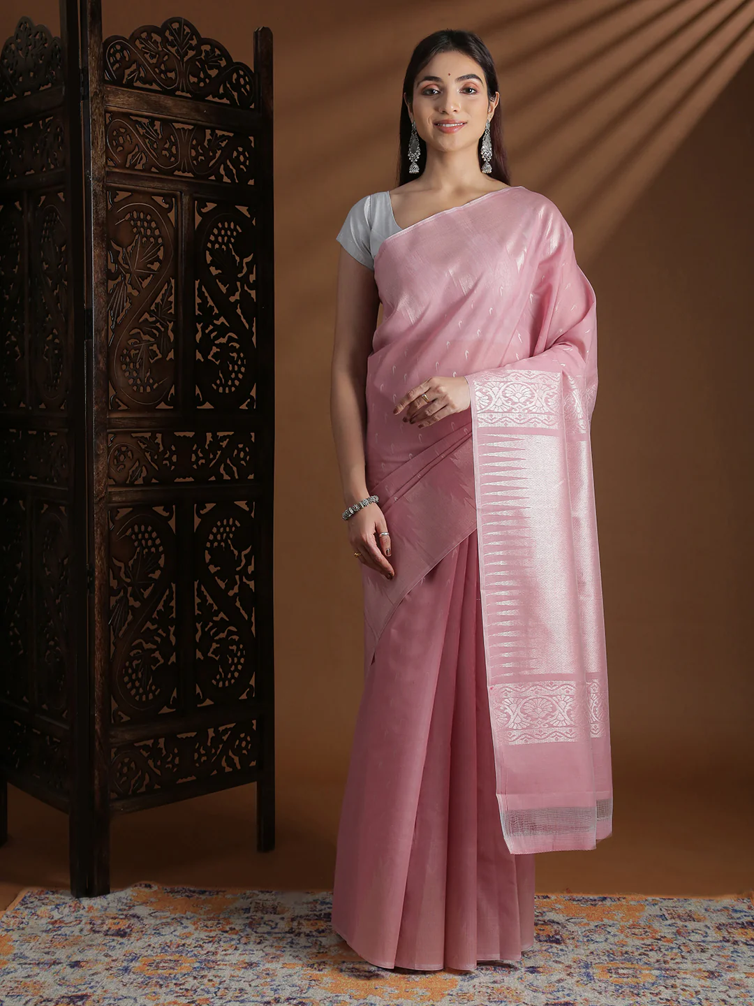 Women Light Pink Semi Kora Cotton Saree SK134 - Image 4