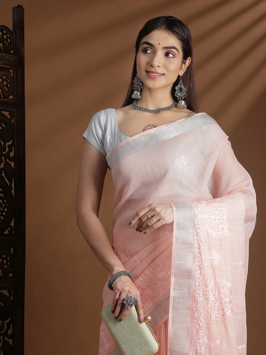 Women Light Pink Semi Linen Embroidered Saree SL238 - Image 2