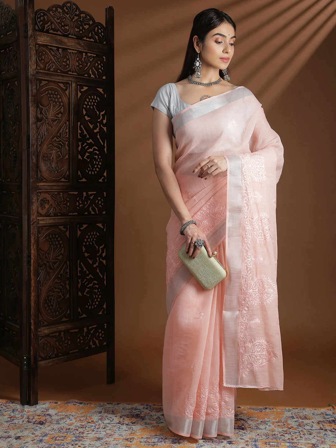Women Light Pink Semi Linen Embroidered Saree SL238 - Image 3