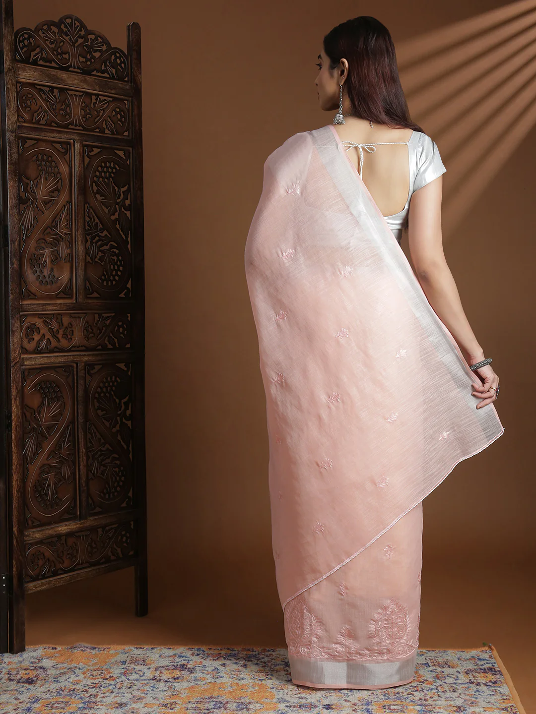 Women Light Pink Semi Linen Embroidered Saree SL238 - Image 4