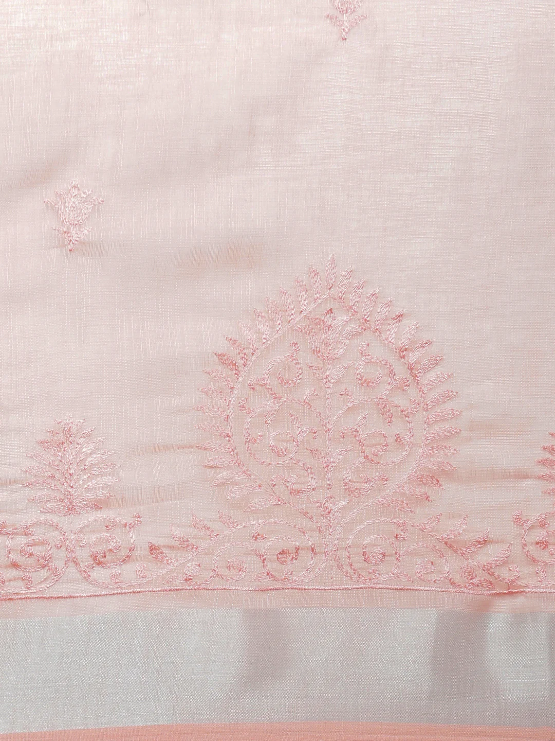 Women Light Pink Semi Linen Embroidered Saree SL238 - Image 5