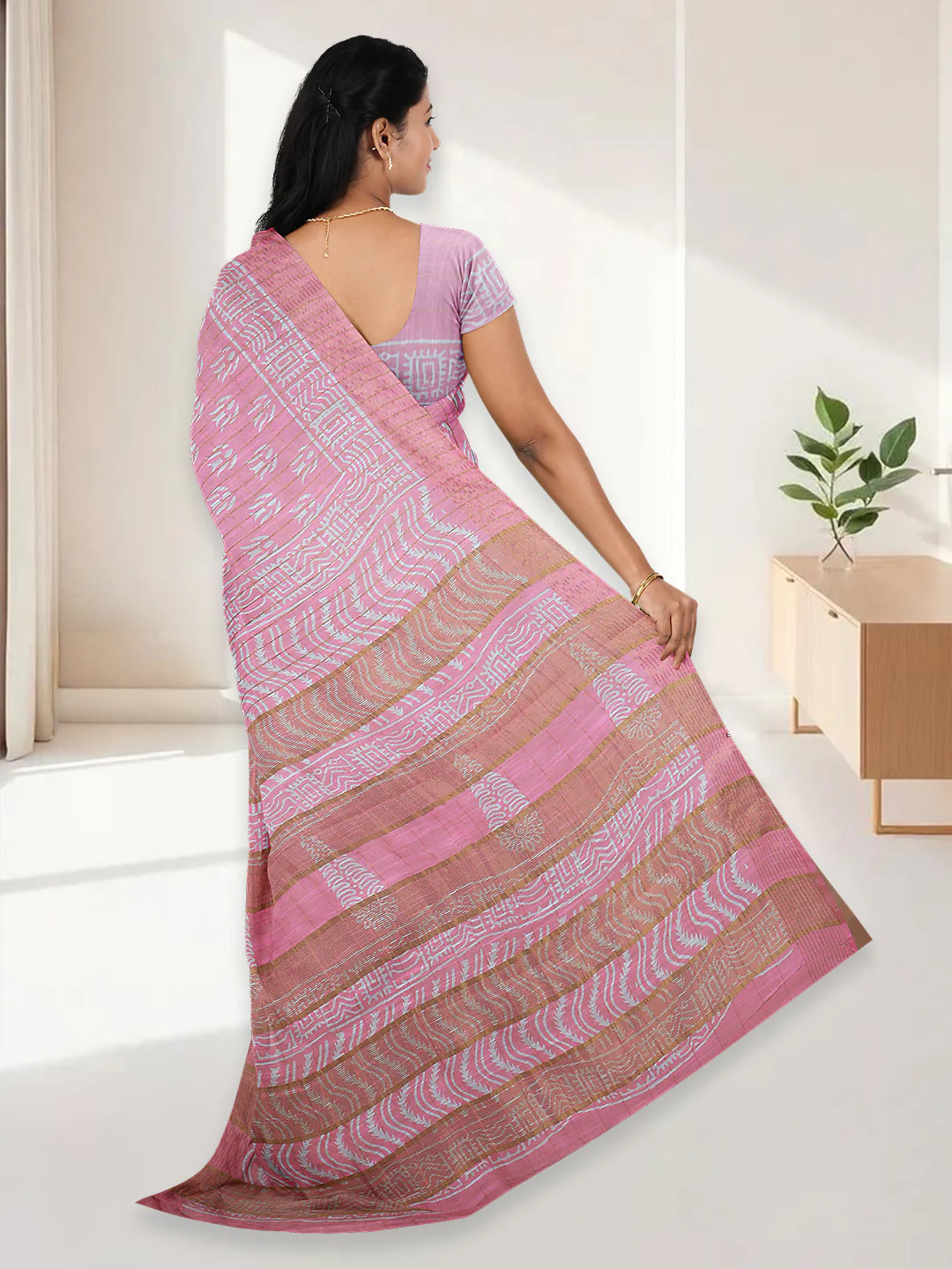 Women Light Pink Semi Linen Saree SL230 - Image 3