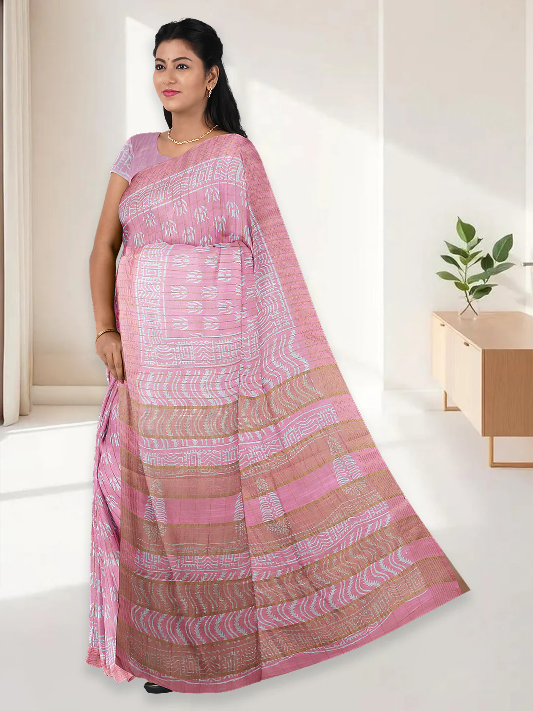 Women Light Pink Semi Linen Saree SL230 - Image 4