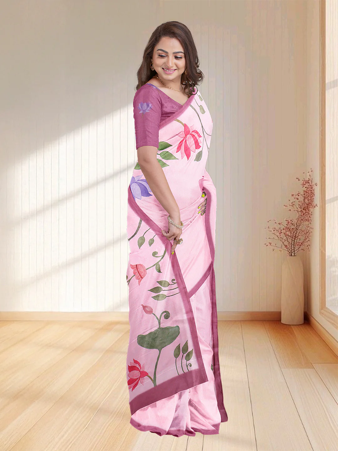 Women Light Pink Semi Tussar Printed Saree ST265 - Image 4