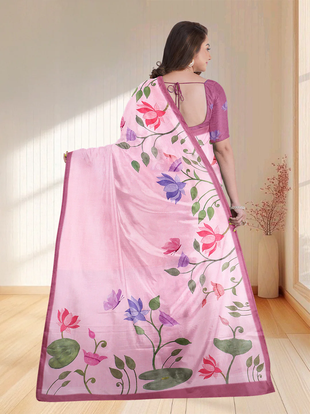 Women Light Pink Semi Tussar Printed Saree ST265 - Image 6