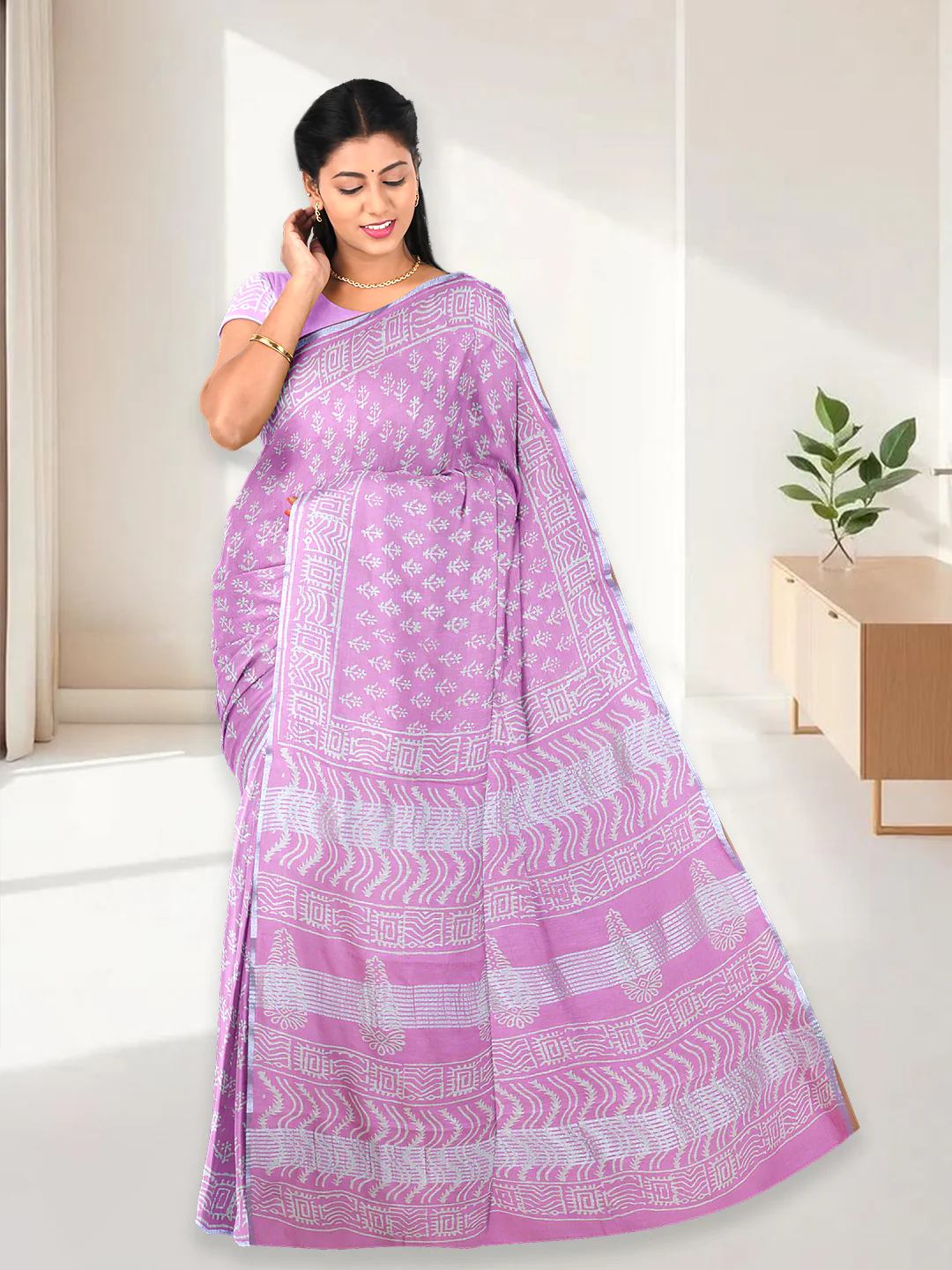 Women Light Pink Semi Tussar Printed Saree ST302 - Image 3