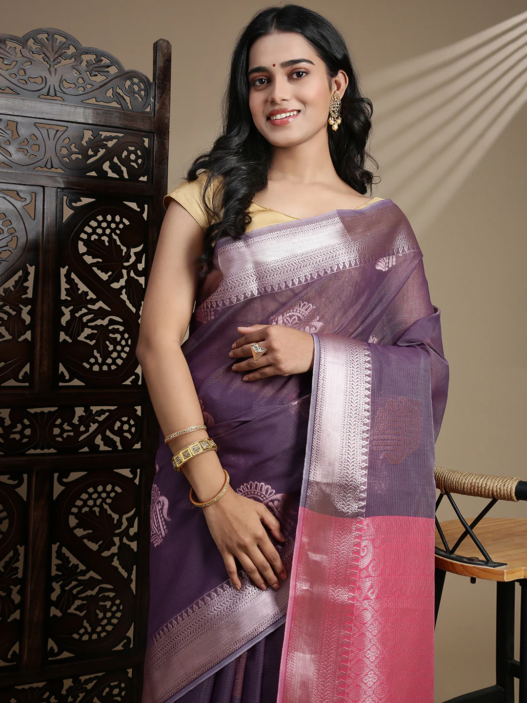 Women Light Purple Kora Cotton Fancy Saree SK110 - Image 2
