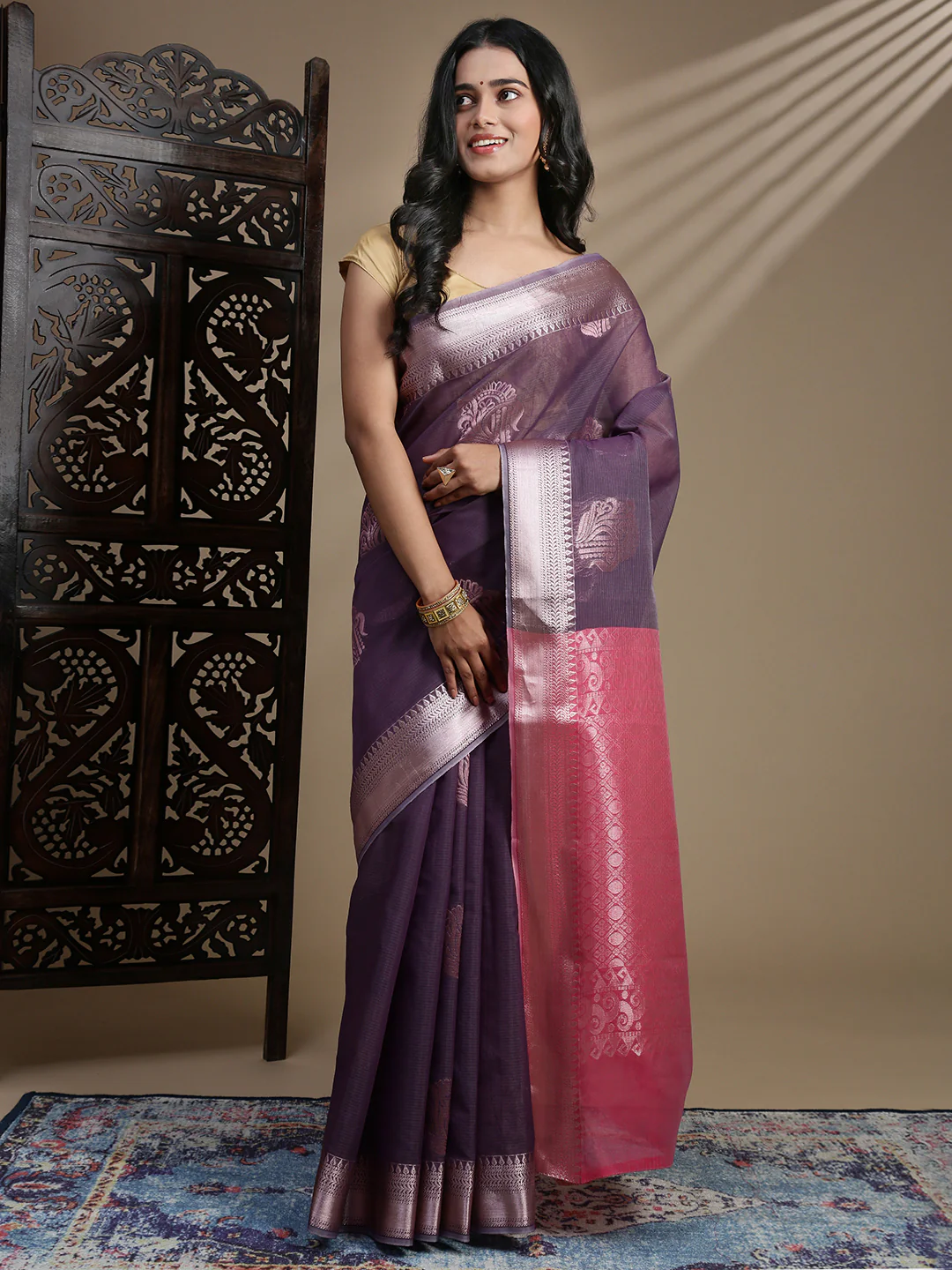 Women Light Purple Kora Cotton Fancy Saree SK110 - Image 3