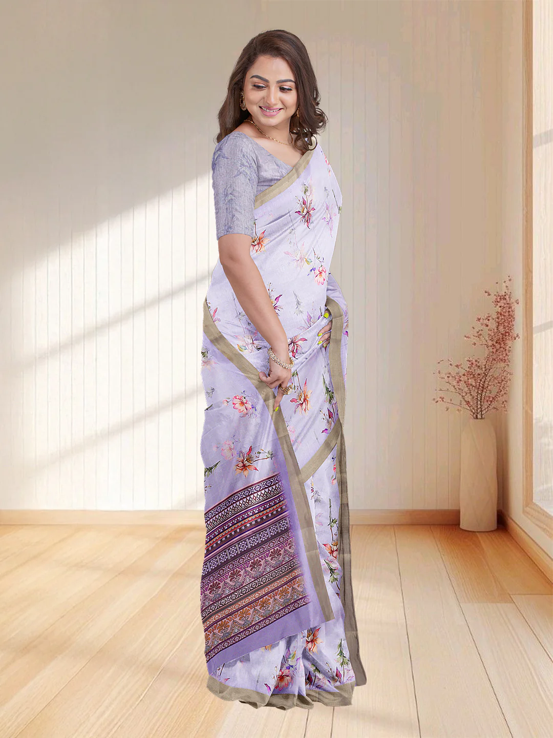 Women Lavender Semi Tussar Printed Saree ST248 - Image 3