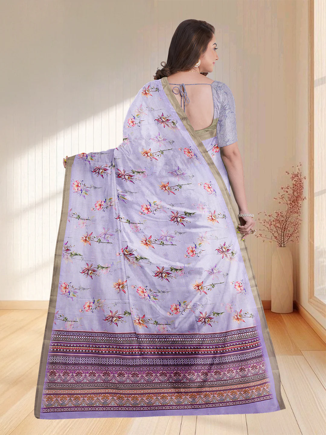 Women Lavender Semi Tussar Printed Saree ST248 - Image 4