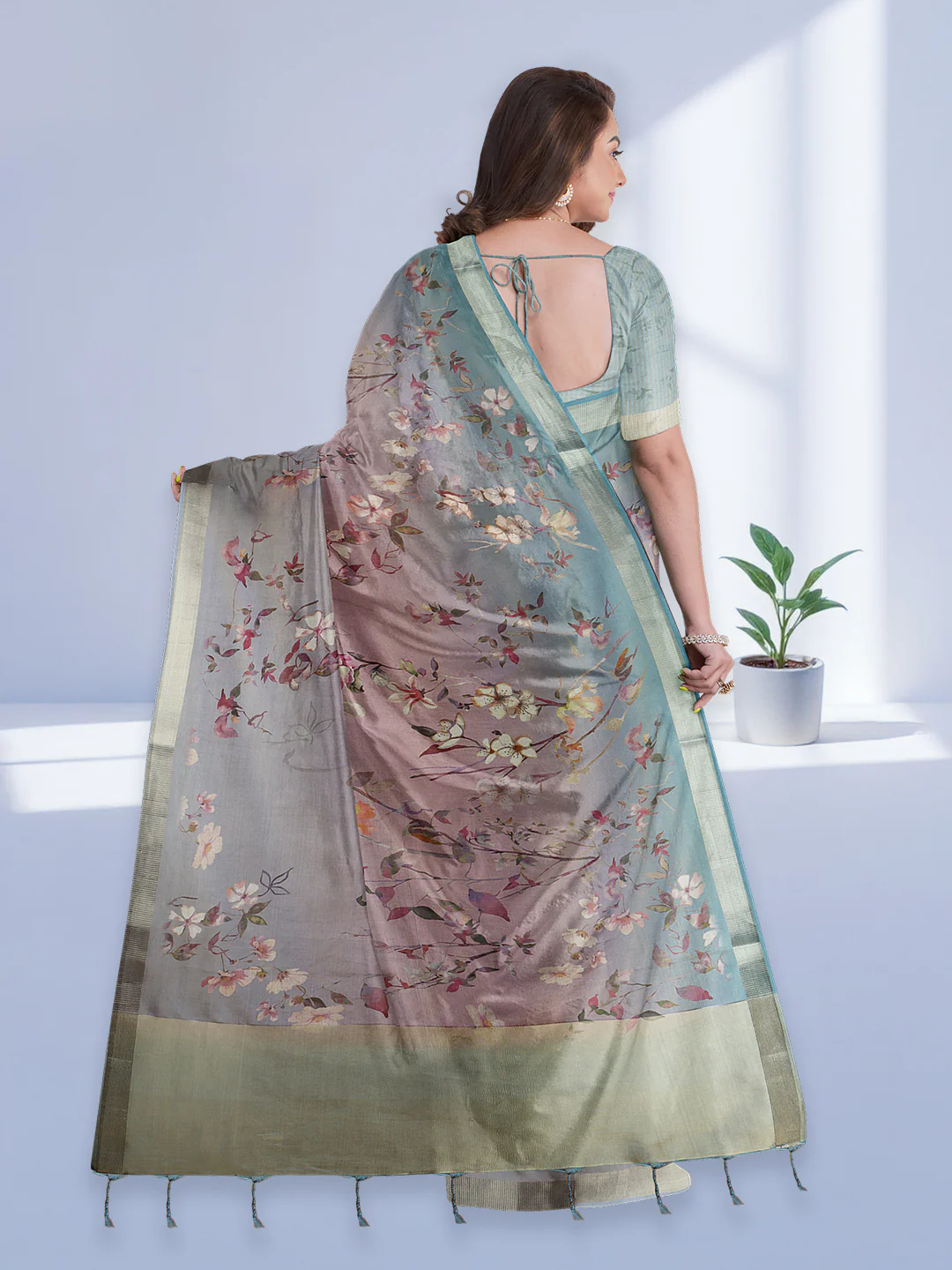 Women Light Purple Tissue Printed Saree TS46 - Image 3