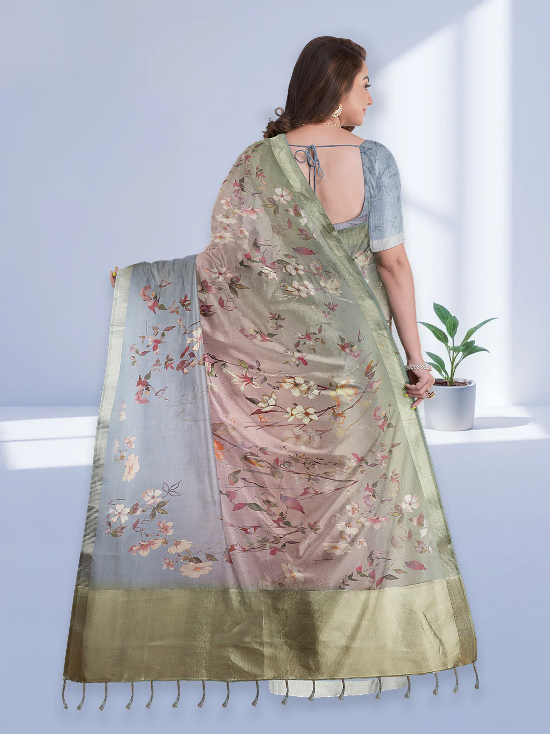 Women Purple with Green Tissue Printed Saree TS47 - Image 3