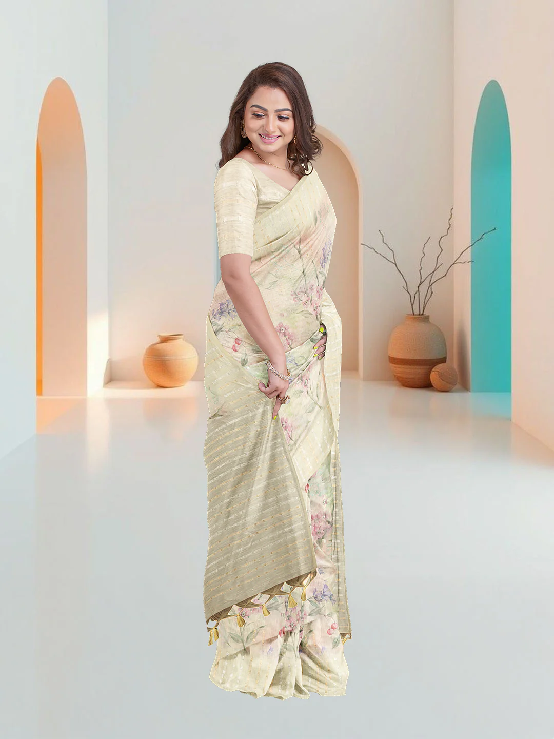 Women Light Yellow Tissue Saree TS43 - Image 2
