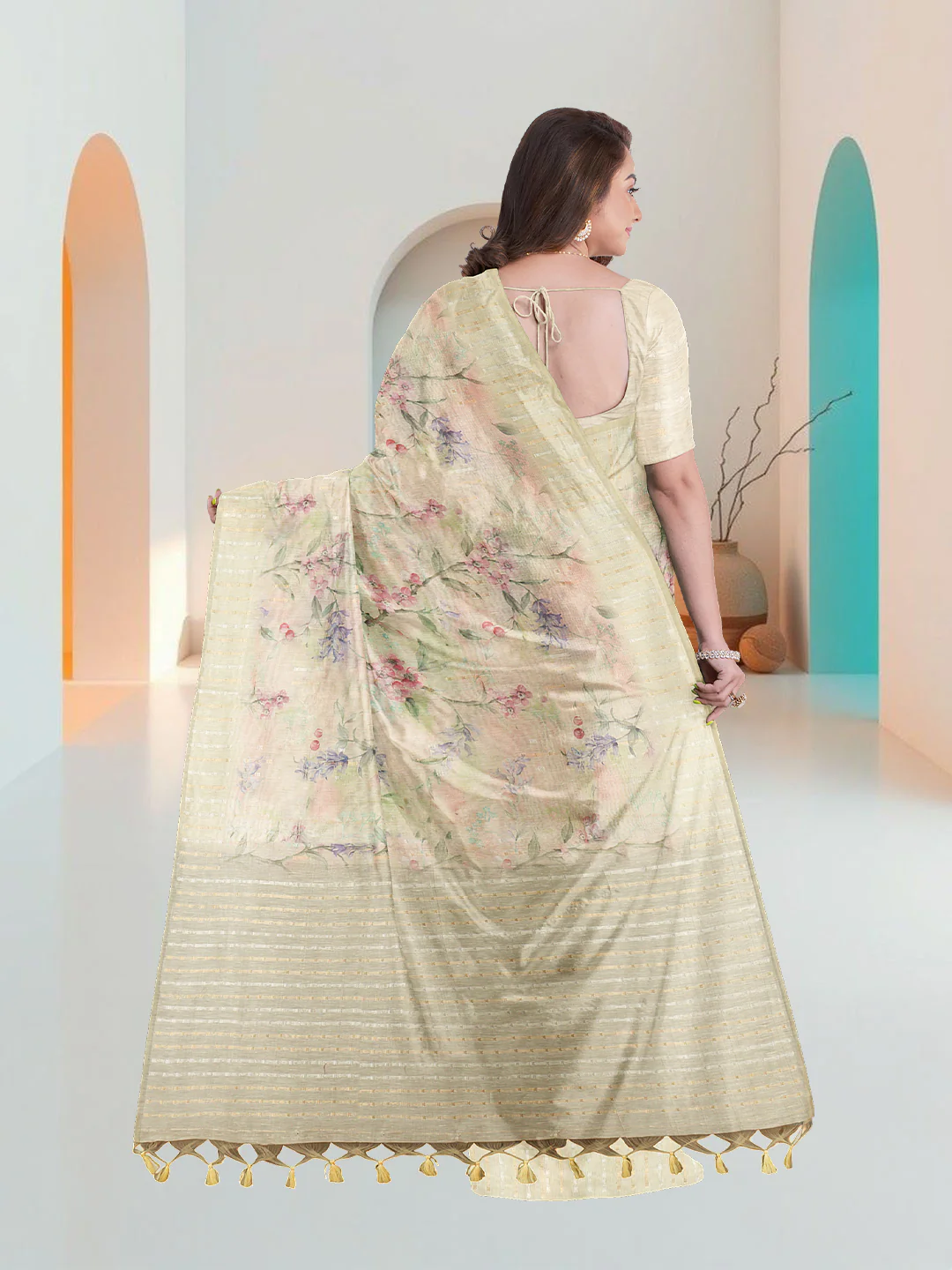 Women Light Yellow Tissue Saree TS43 - Image 3