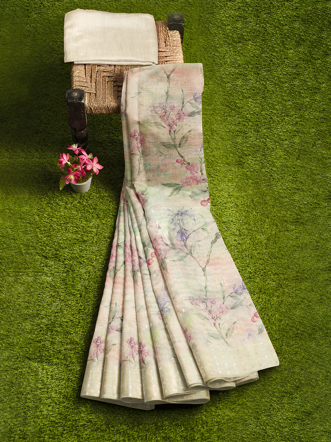 Women Light Yellow Tissue Saree TS43 - Image 5