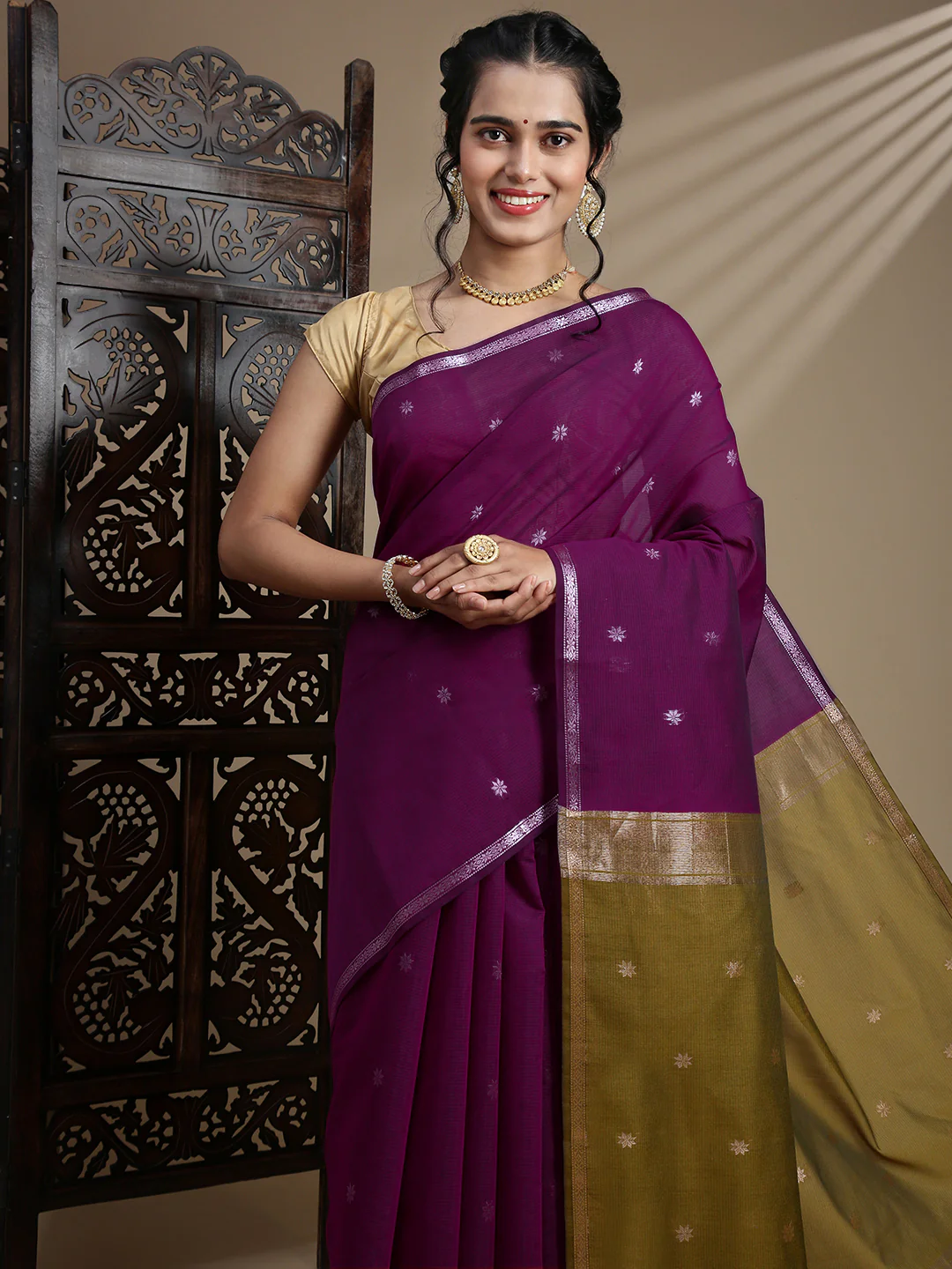 Women Magenta Kora Cotton Fancy Saree SK107 - Image 2