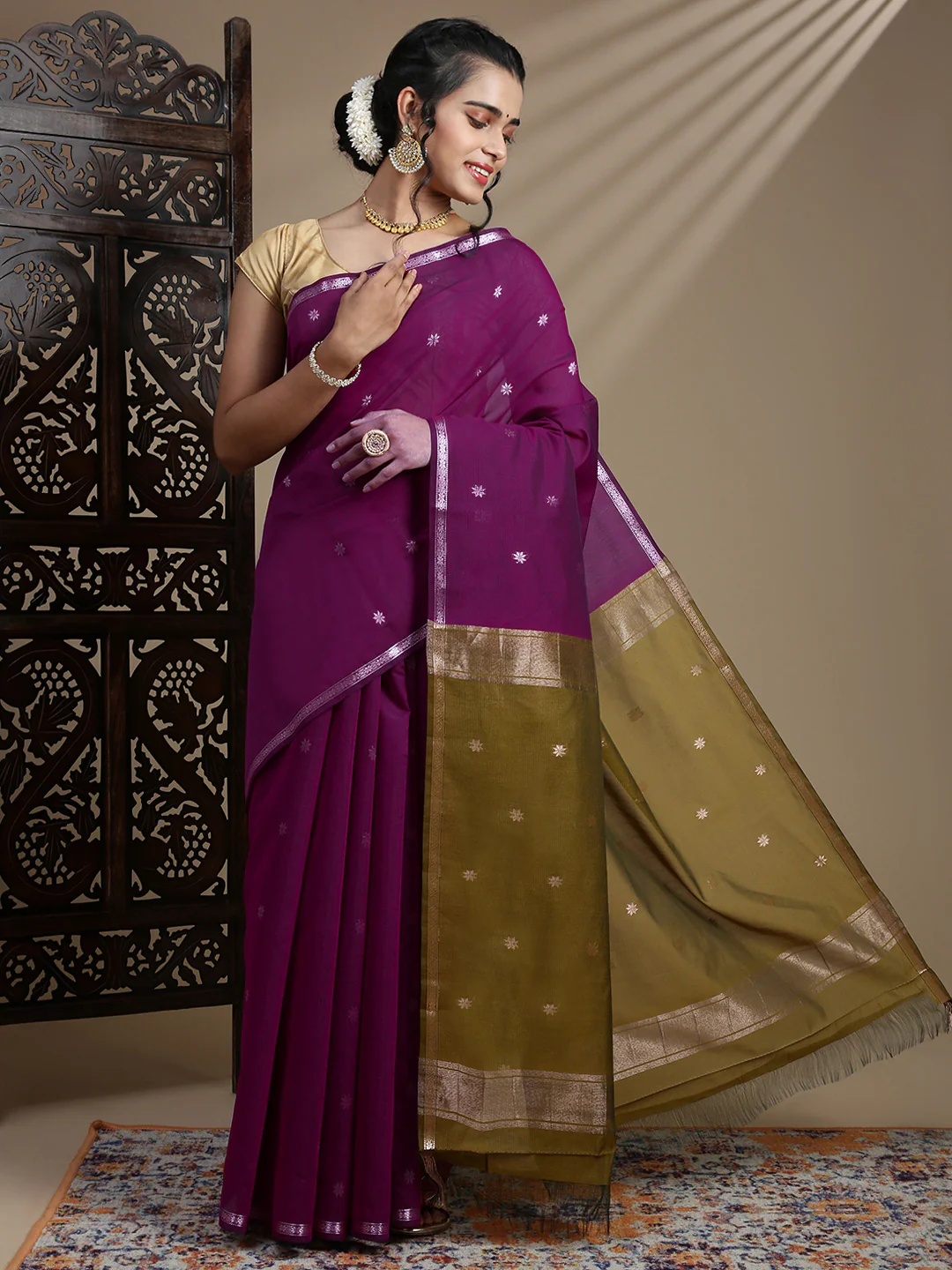 Women Magenta Kora Cotton Fancy Saree SK107 - Image 3