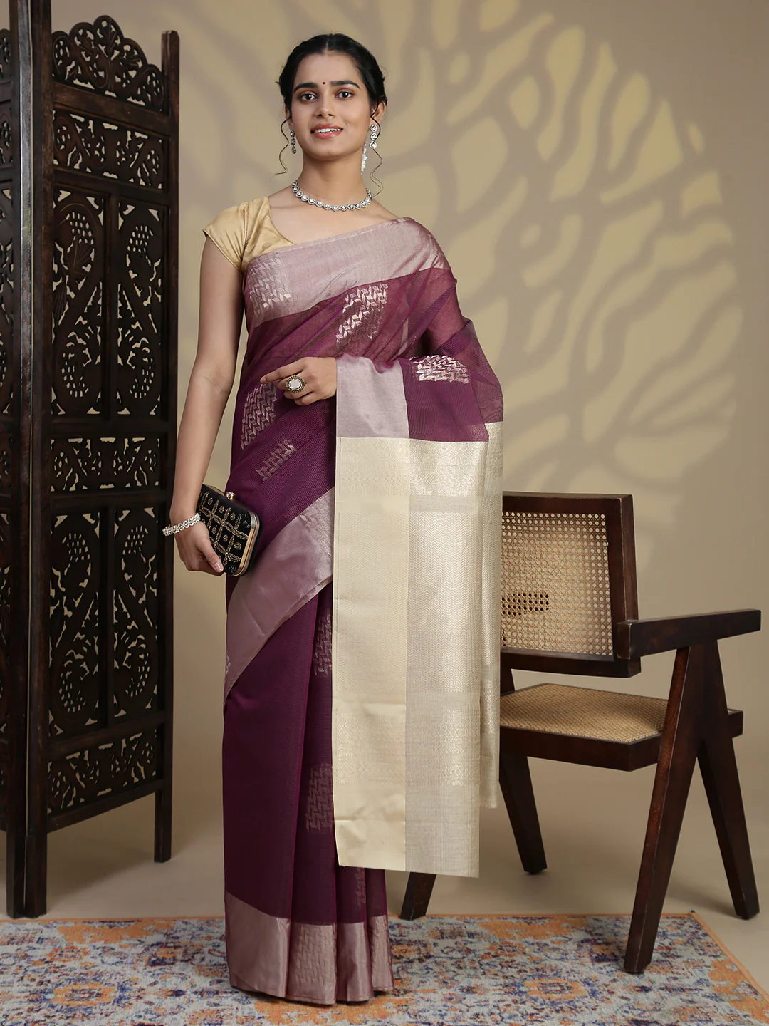 Women Magenta Kora Cotton Saree SK112 - Image 2