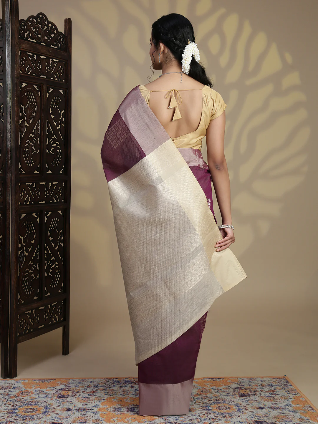 Women Magenta Kora Cotton Saree SK112 - Image 4