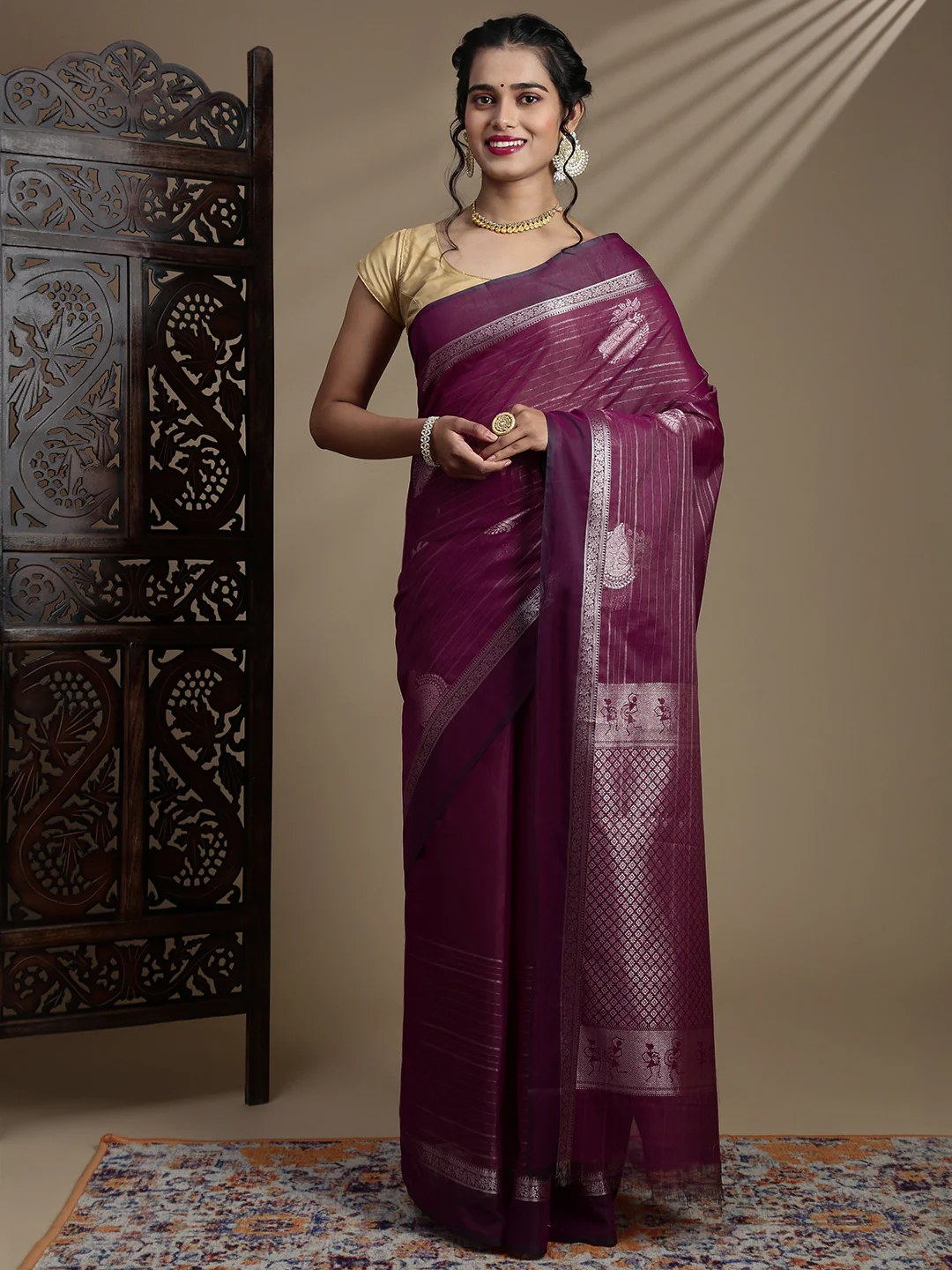 Women Magenta Semi Kora Cotton Saree SK127 - Image 2