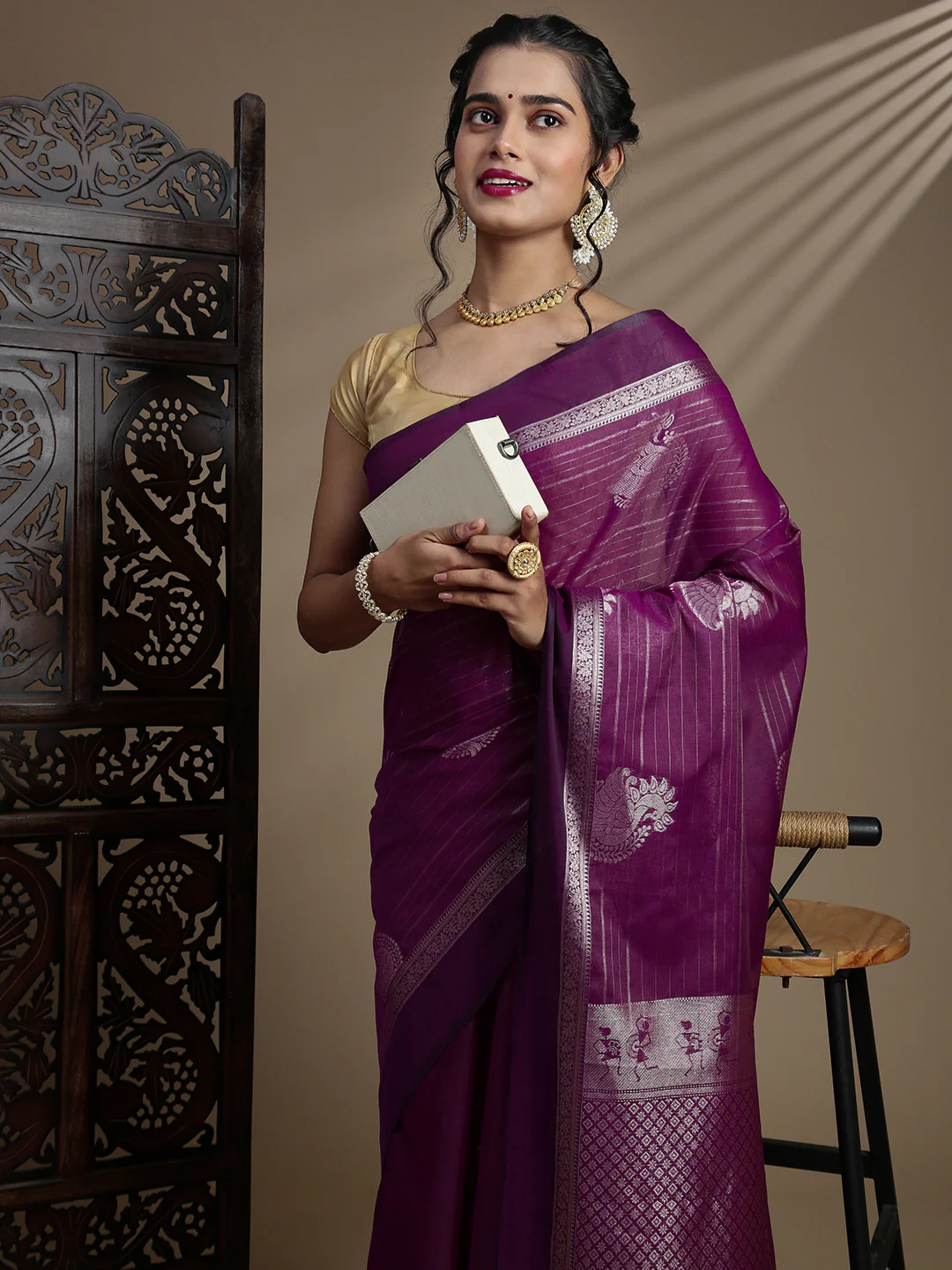 Women Magenta Semi Kora Cotton Saree SK127 - Image 4