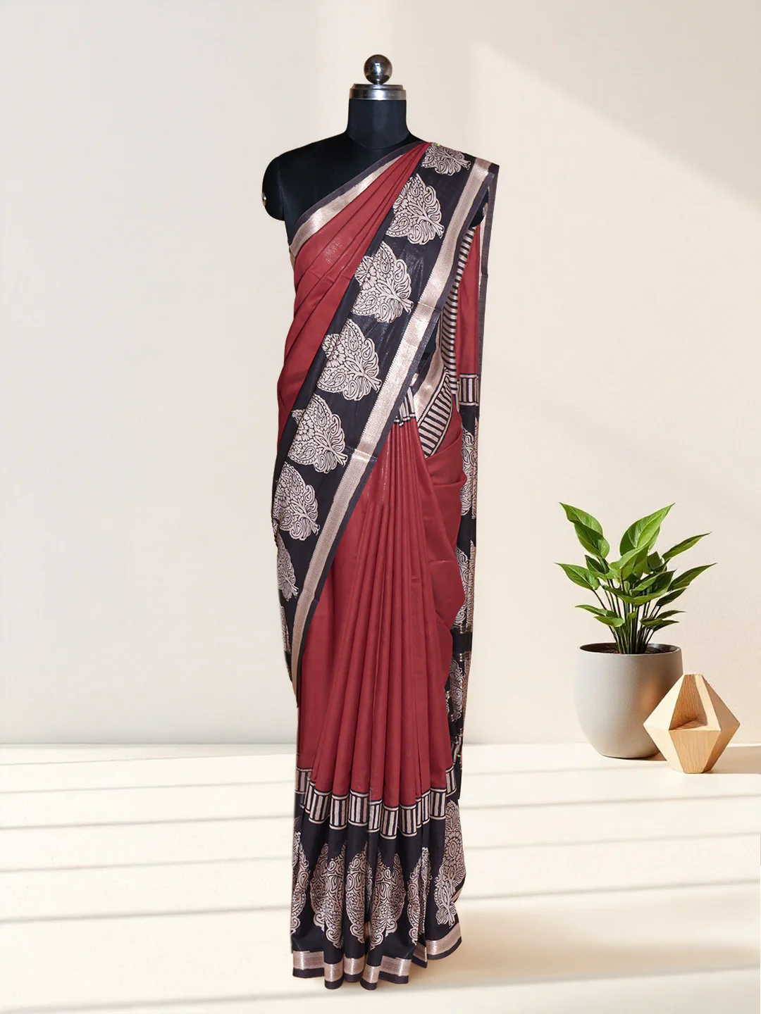 Women Maroon Semi Chanderi Cotton Printed Saree SC79 - Image 6