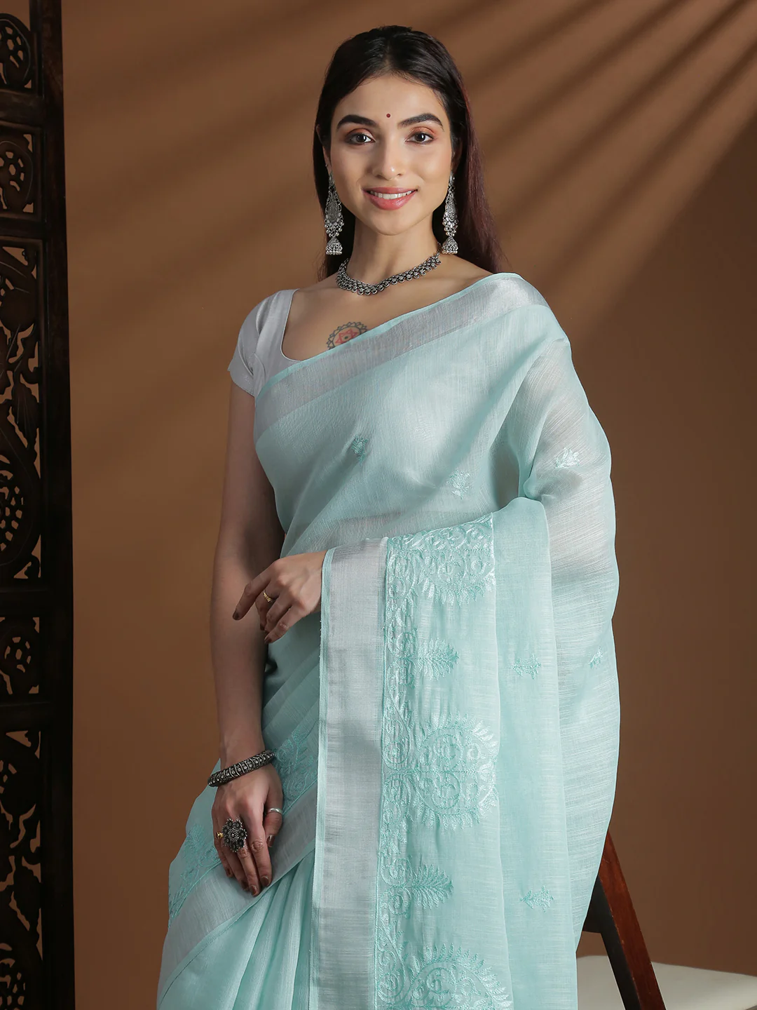 Women Mint Blue Semi Linen Embroidered Saree SL239 - Image 2