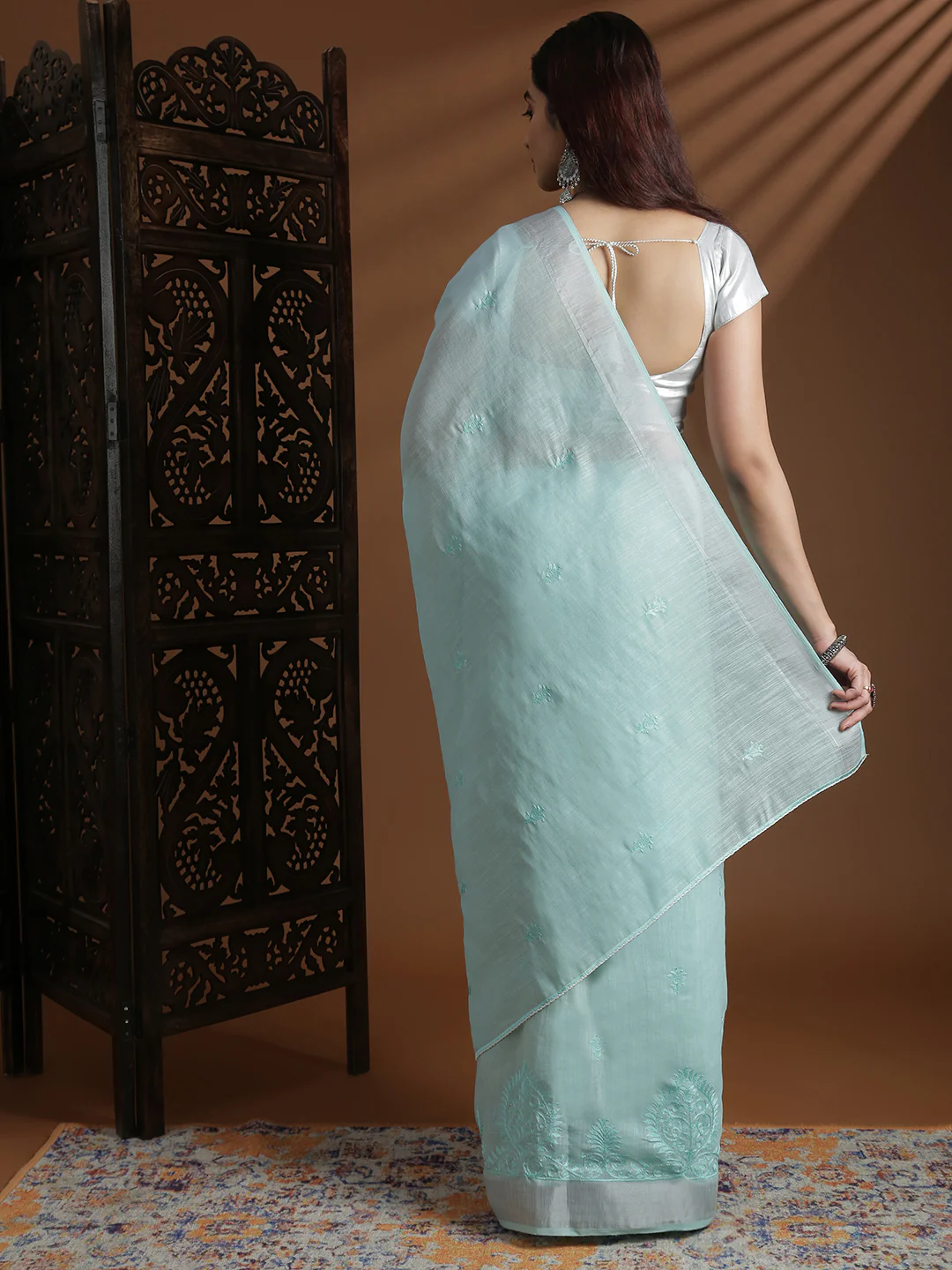 Women Mint Blue Semi Linen Embroidered Saree SL239 - Image 3
