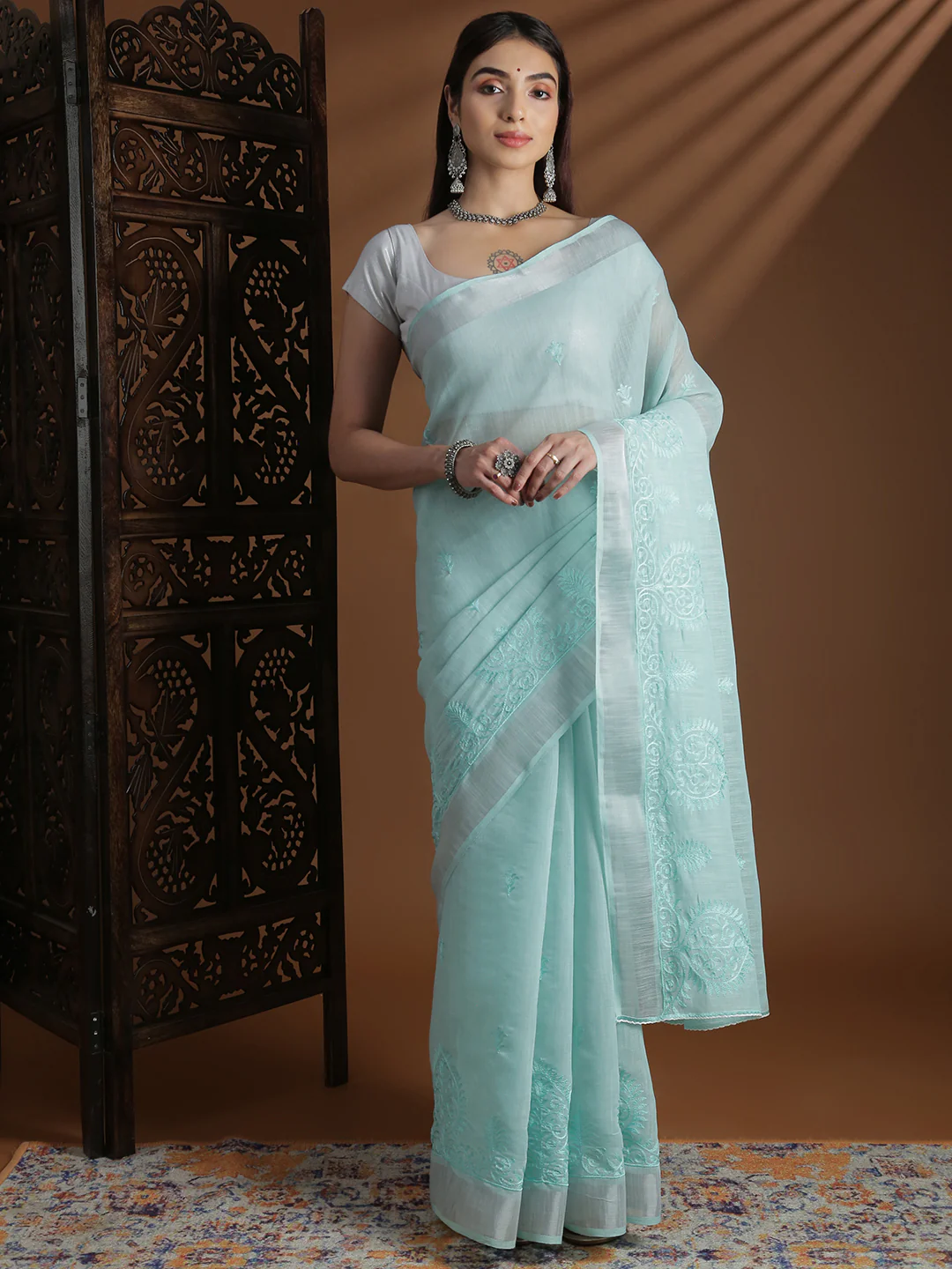 Women Mint Blue Semi Linen Embroidered Saree SL239 - Image 4