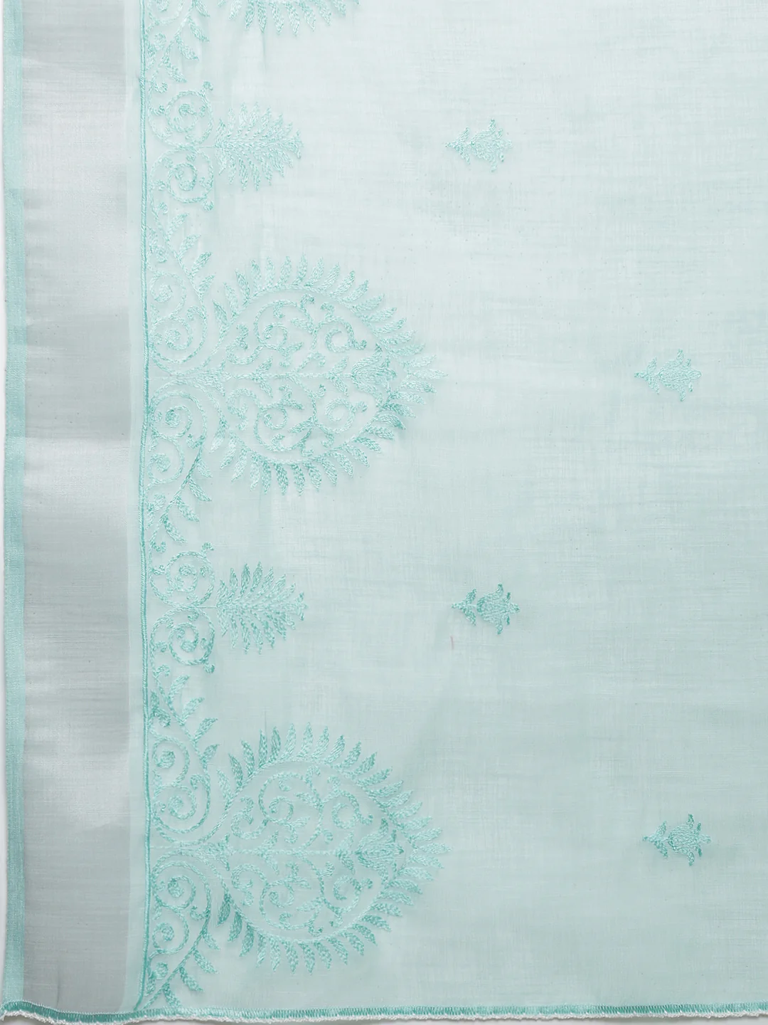Women Mint Blue Semi Linen Embroidered Saree SL239 - Image 5