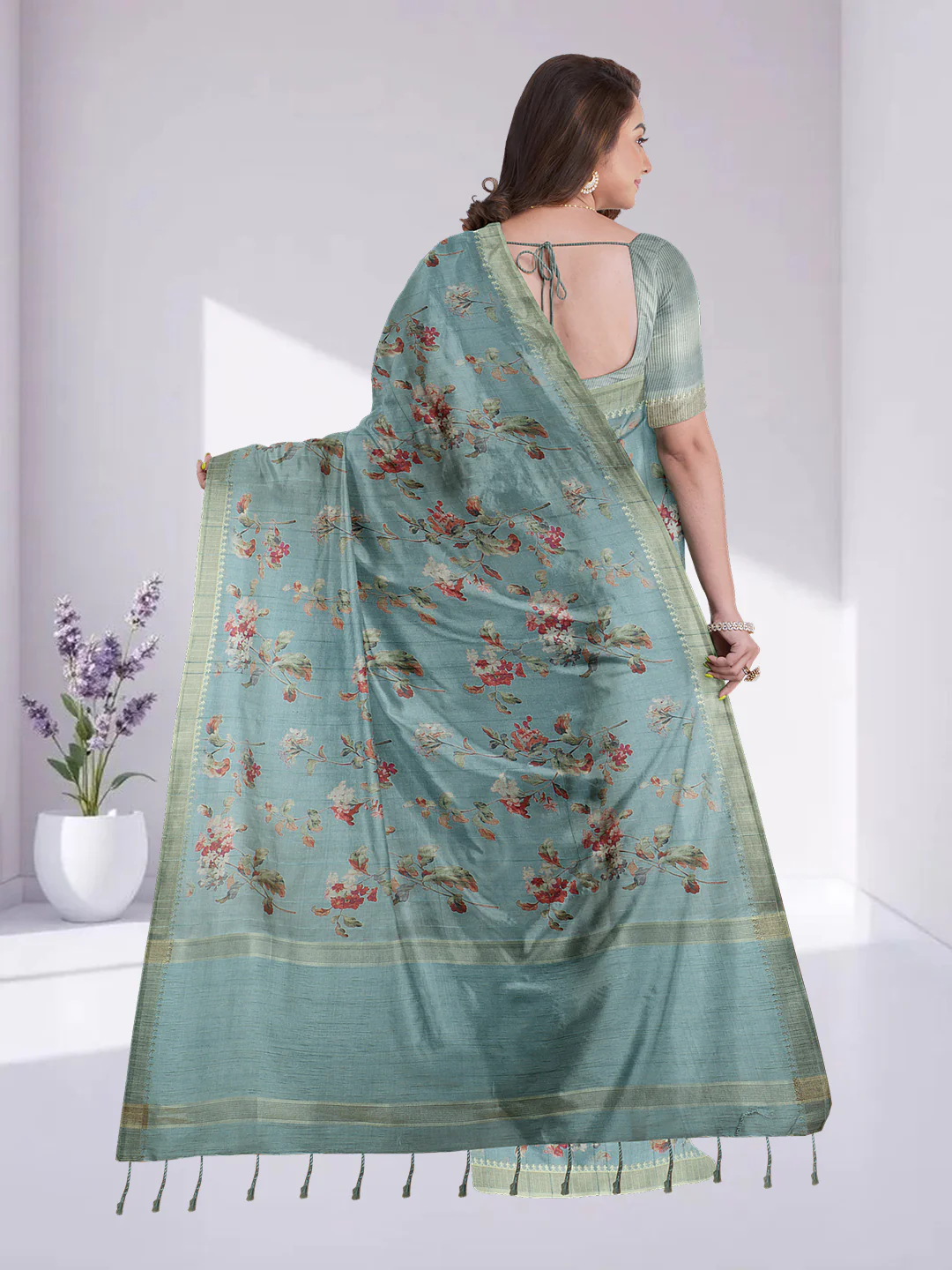 Women Mint Green Semi Raw Silk Printed Saree SRS106 - Image 3