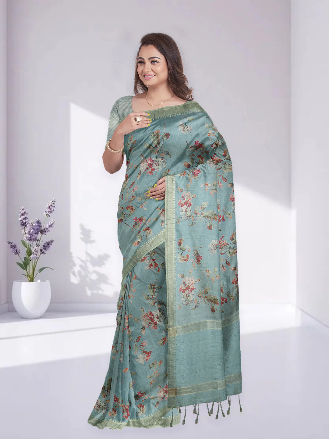 Women Mint Green Semi Raw Silk Printed Saree SRS106 - Image 4