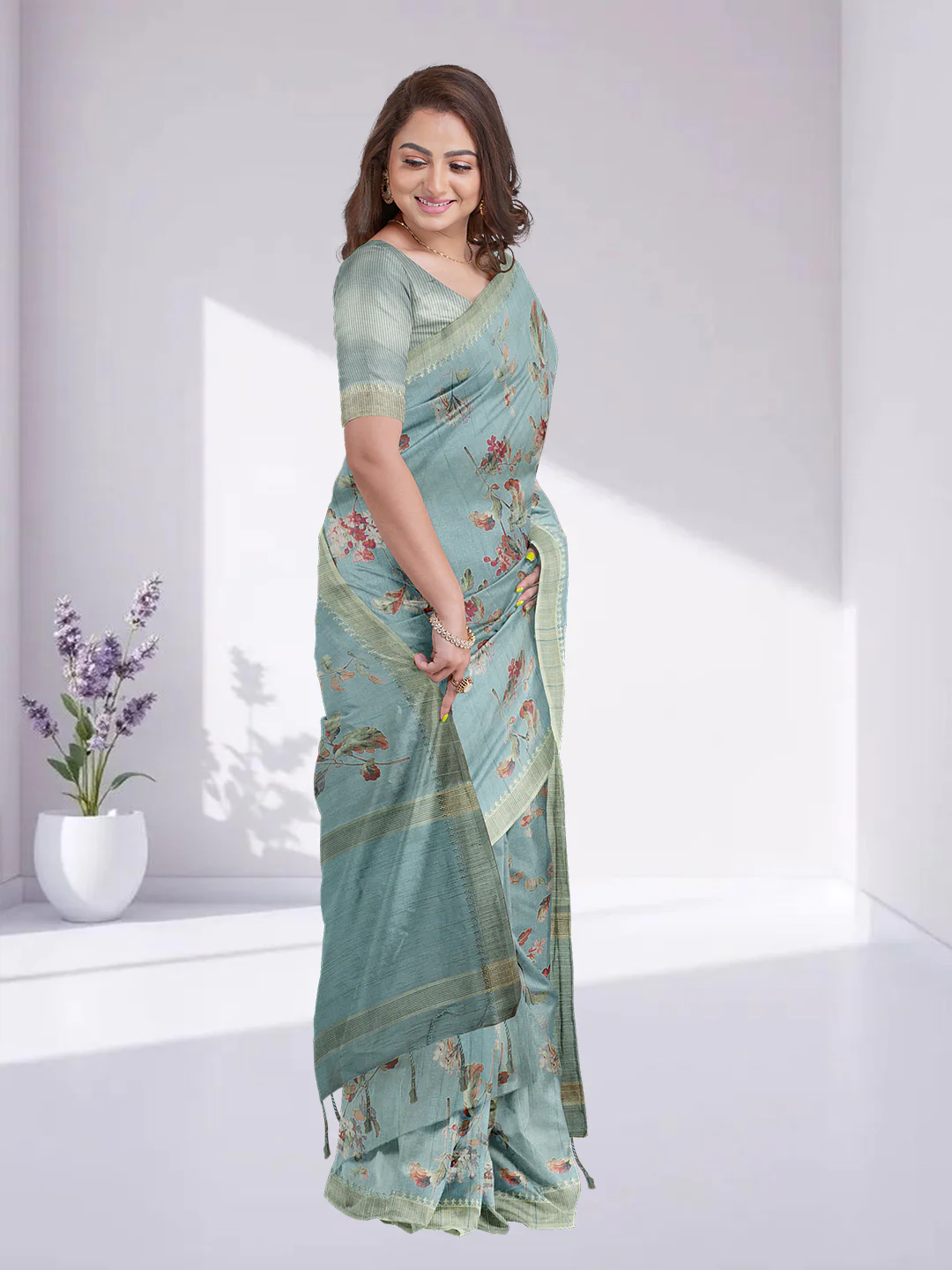 Women Mint Green Semi Raw Silk Printed Saree SRS106 - Image 5