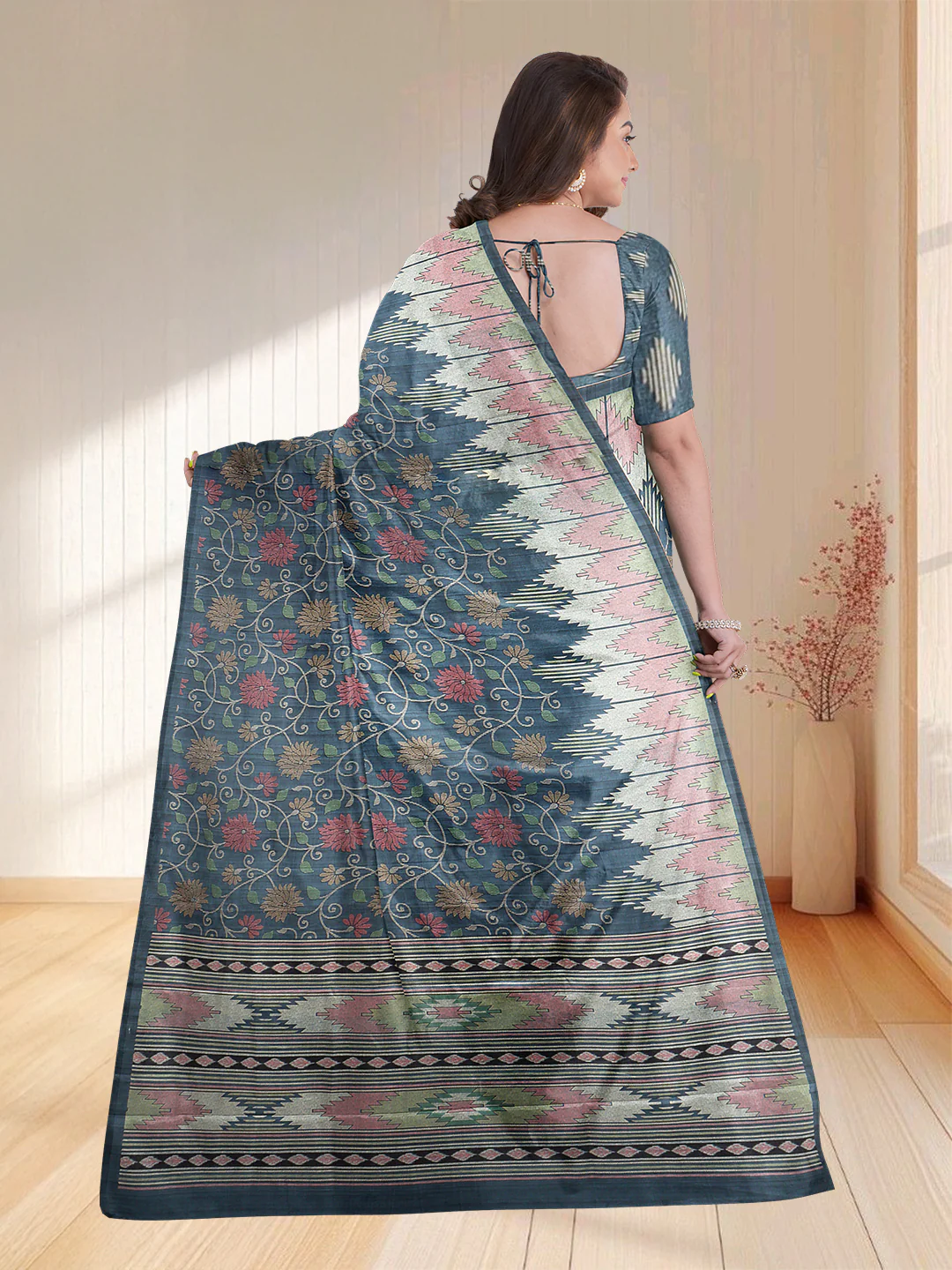 Women Blue Semi Tussar Printed Saree ST254 - Image 3